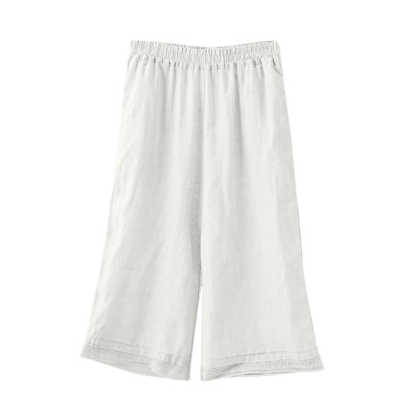 Women's Cotton Linen Cropped Wide Leg Pants Elastic Waisted Loose Fit Comfy Lounge Palazzo Capris