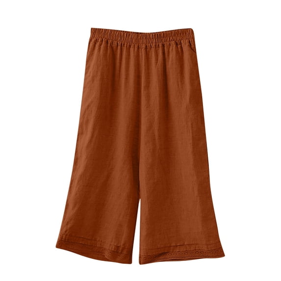 Women's Cotton Linen Cropped Wide Leg Pants Elastic Waisted Loose Fit Comfy Lounge Palazzo Capris