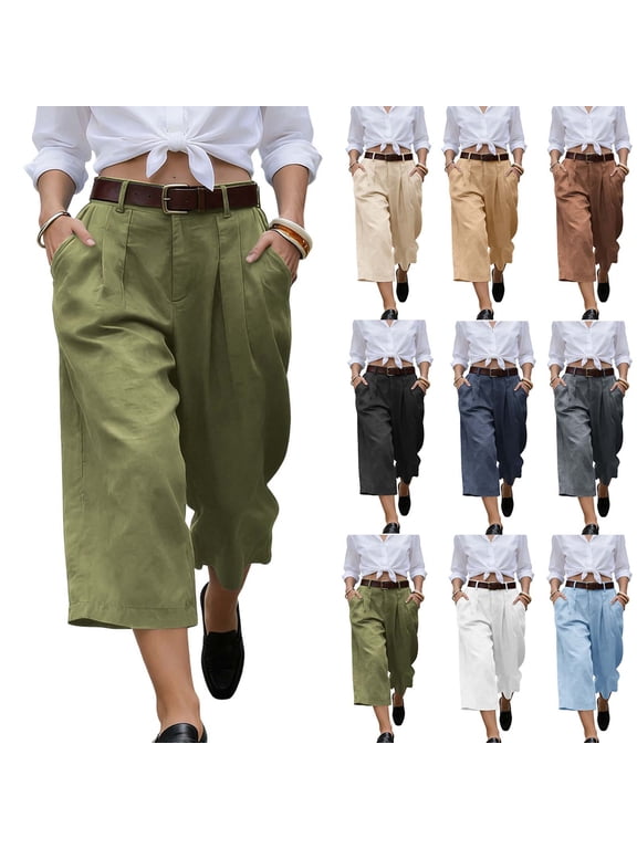 Women's Cotton Linen Culottes Pants Elastic Waist Wide Leg Palazzo Trousers Capri Pant Navy S
