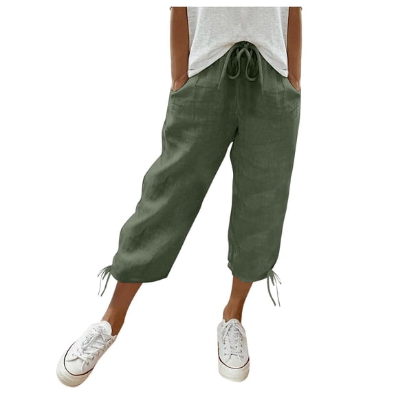 Women's Cotton Linen Drawstring Capri Pants, Loose Straight Leg Cropped Trousers with Pockets, Breathable Summer Casual Pants for Daily Workout Beach Wear Blackish Green S
