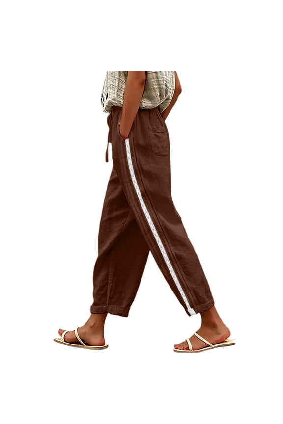 Women's Cotton‑Linen Drawstring Harem Pants Solid‑Color Side Stripe Patchwork Loose Casual Cropped Long Trousers with Side Pockets Coffee M(M)