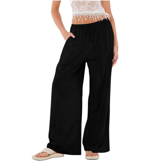 Women's Cotton Linen Drawstring High Waisted Pants Casual Loose Fit Wide Leg Trousers Black,S