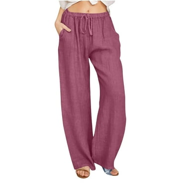 Women's Cotton Linen Drawstring High Waisted Pants Casual Loose Fit Wide Leg Trousers Casual Pant with Pockets