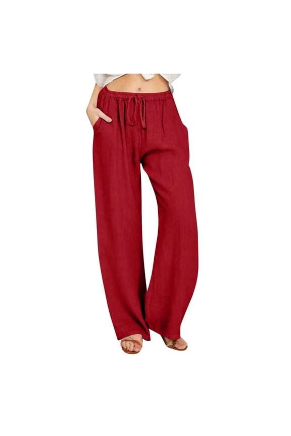 Women's Cotton Linen Drawstring High Waisted Pants Casual Loose Fit Wide Leg Trousers Red,3XL