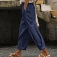 thumbnail image 1 of Women's Cotton Linen Drawstring Pants Casual Solid Color Loose Pants Beach Wide Leg Trousers With Pocket, 1 of 9