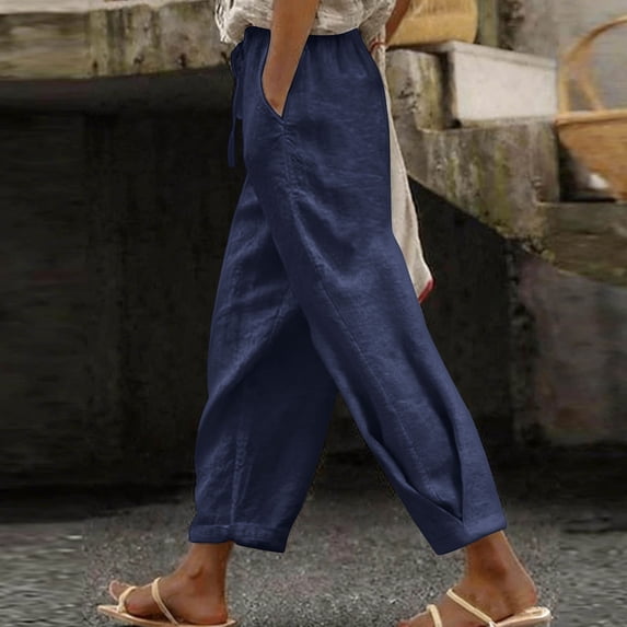 Women's Cotton Linen Drawstring Pants Casual Solid Color Loose Pants Beach Wide Leg Trousers With Pocket