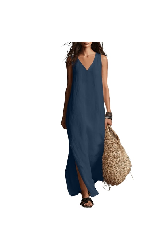 Women's Cotton Linen Dress Casual Summer Sleeveless Dress Loose Split Solid Color Maxi Dresses Navy
