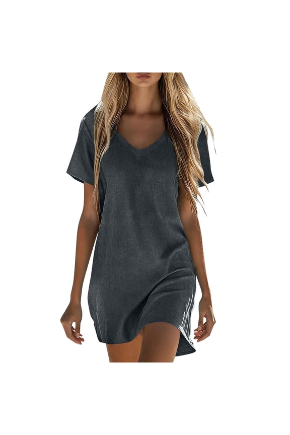 Women's Cotton Linen Dress Knee-Length Summer Beach Dresses Womens Sleep Shirt Dress V-Neck Soft Pajama Shirt Dress