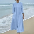 thumbnail image 1 of Women's Cotton Linen Dress Long Sleeve Crew Neck Smocked A Line Boho Flowy Maxi Dresses with Pockets Plus Size Blue S, 1 of 7