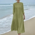 thumbnail image 1 of Women's Cotton Linen Dress Long Sleeve Crew Neck Smocked A Line Boho Flowy Maxi Dresses with Pockets Plus Size Green S, 1 of 7