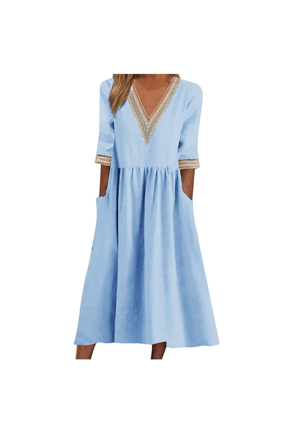 Women's Cotton Linen Dress Summer Midi Dresses with Pockets 2023 Spring Summer Casual 3/4 Sleeve Midi Dress,Trendy Elegant Plain Beach Dress