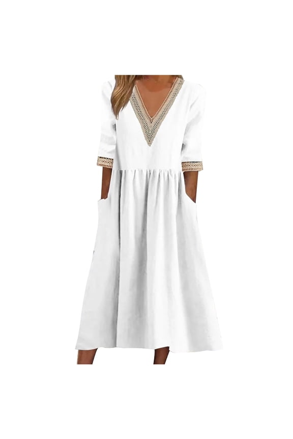 Women's Cotton Linen Dress Summer Midi Dresses with Pockets 2024 Spring Summer Casual 3/4 Sleeve Midi Dress,Trendy Elegant Plain Beach Dress
