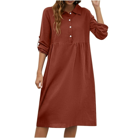 Women's Cotton Linen Dress Summer Midi Dresses with Pockets Solid Color Short Sleeve Tunic Shirt Dress Casual Loose Midi Dresses