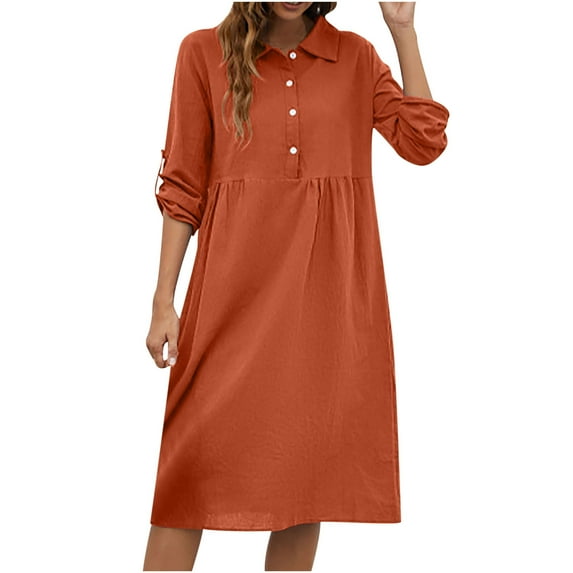 Women's Cotton Linen Dress Summer Midi Dresses with Pockets Solid Color Short Sleeve Tunic Shirt Dress Casual Loose Midi Dresses