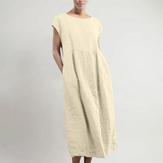 Women's Cotton Linen Dress with Pocket Vintage Loose Dress Kaftan Dress Long Sleeve Plain Summer Casual Maxi Sundress