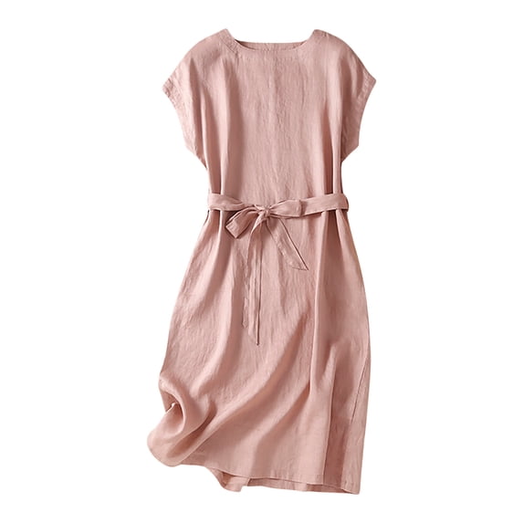 Women's Cotton Linen Dresses Crewneck Cap Sleeve Midi Dresses Summer with Belt