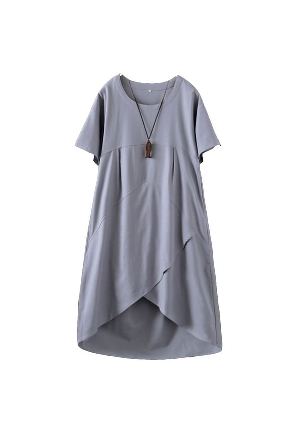 Women's Cotton Linen Dresses Irregular Hem Shirt Dress with Pockets Gray M