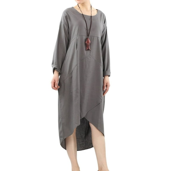 Women's Cotton Linen Dresses Irregular Hem Shirt Dress with Pockets Gray M