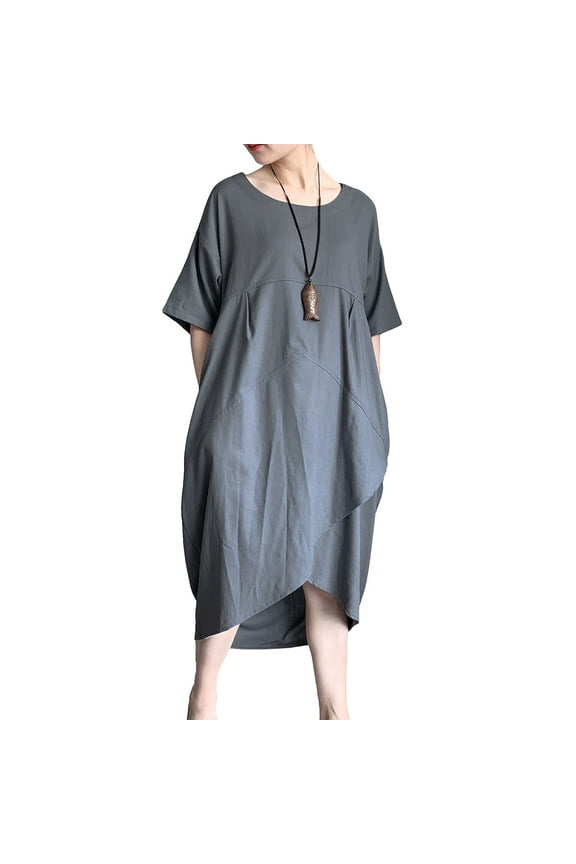 Women's Cotton Linen Dresses Irregular Hem Shirt Dress with Pockets Gray M