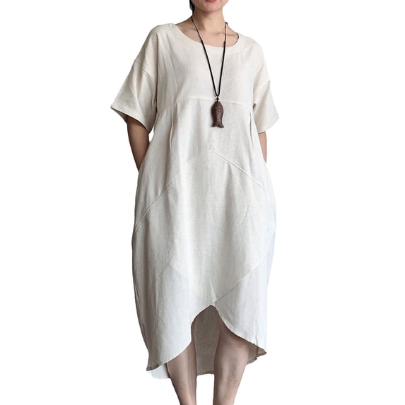 Women's Cotton Linen Dresses Irregular Hem Shirt Dress with Pockets Natural Linen M