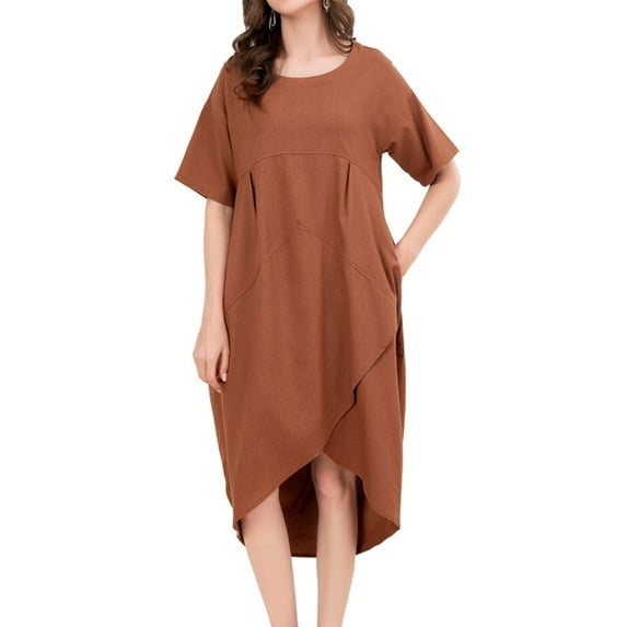 Women's Cotton Linen Dresses Irregular Hem Shirt Dress with Pockets Orange XXL