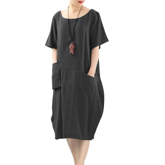 Women's Cotton Linen Dresses Short Sleeve Baggy Loose Summer Clothing w/Hi-Low Pockets Black XXL