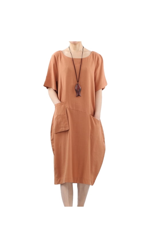 Women's Cotton Linen Dresses Short Sleeve Baggy Loose Summer Clothing w/Hi-Low Pockets Orange M