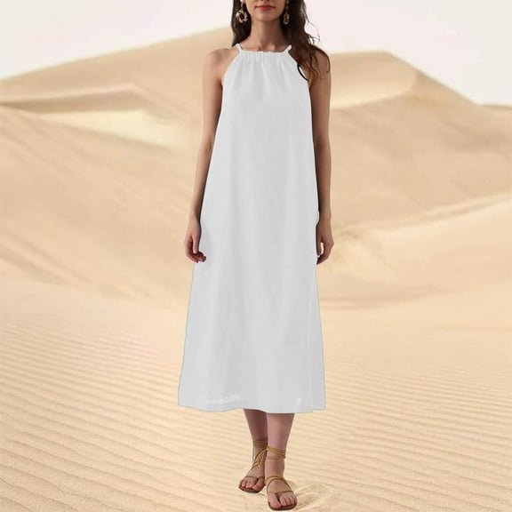 Women's Cotton Linen Dresses Spring Summer Plain Boho Halter Plus Size Maxi Sundress Casual Loose Sleeveless Long Beach Dresses with Pockets Green
