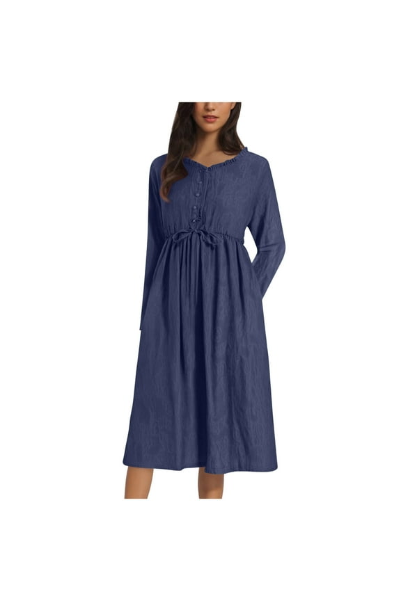 Women's Cotton Linen Dresses Summer Long Sleeve A Line Comfy Cotton Maxi Dress Trendy Summer Vacation Clothes