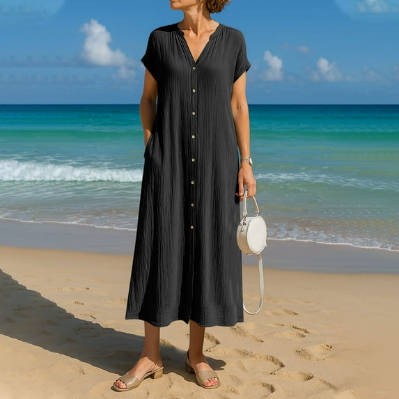 Women's Cotton Linen Dresses Summer Plus Size V Neck Button Up Short Sleeve Midi Dresses Casual Solid Oversized Loose Fits Breathable Comfy Beach Vacation Sundress