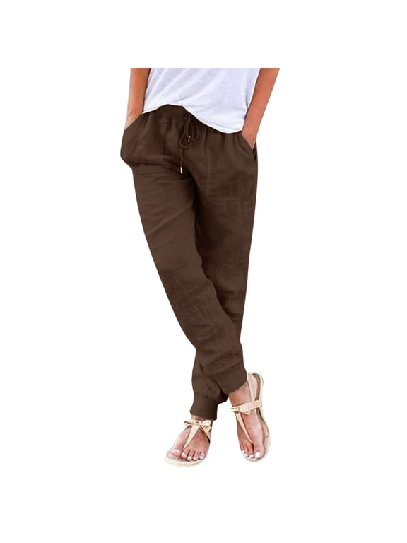 Women's Cotton Linen Elastic Cuffed Pants, High Waist Casual Tapered Trousers with Back Pocket, Lightweight Breathable Summer Long Pants for Daily Wear Coffee S