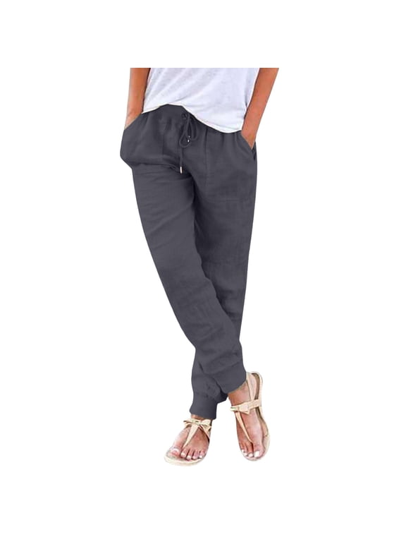 Women's Cotton Linen Elastic Cuffed Pants, High Waist Casual Tapered Trousers with Back Pocket, Lightweight Breathable Summer Long Pants for Daily Wear Dark Gray L