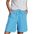 thumbnail image 1 of Women's Cotton Linen Elastic Waist Shorts with Drawstring and Side Pockets, Casual Solid Color Mid-Length Summer Shorts for Daily Wear, Lounge, and Outdoor Activities Blue XL, 1 of 8