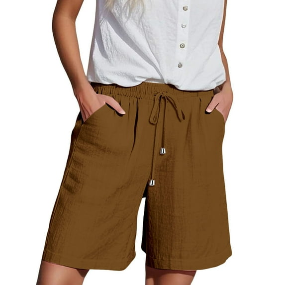 Women's Cotton Linen Elastic Waist Shorts with Drawstring and Side Pockets, Casual Solid Color Mid-Length Summer Shorts for Daily Wear, Lounge, and Outdoor Activities Brown XL