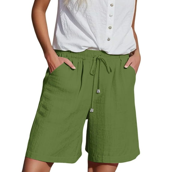 Women's Cotton Linen Elastic Waist Shorts with Drawstring and Side Pockets, Casual Solid Color Mid-Length Summer Shorts for Daily Wear, Lounge, and Outdoor Activities Camouflage L