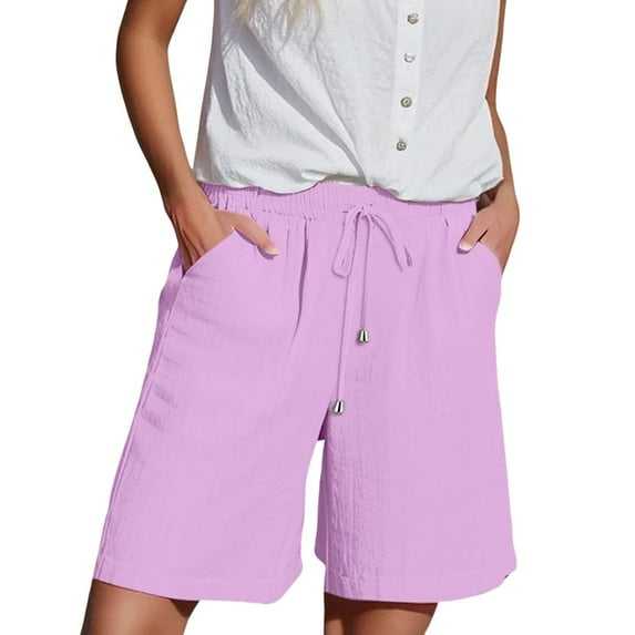 Women's Cotton Linen Elastic Waist Shorts with Drawstring and Side Pockets, Casual Solid Color Mid-Length Summer Shorts for Daily Wear, Lounge, and Outdoor Activities Pink XXXXL