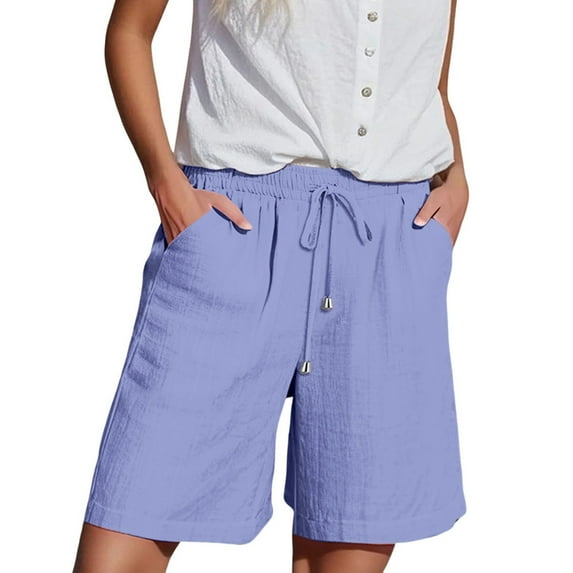 Women's Cotton Linen Elastic Waist Shorts with Drawstring and Side Pockets, Casual Solid Color Mid-Length Summer Shorts for Daily Wear, Lounge, and Outdoor Activities Purple XL