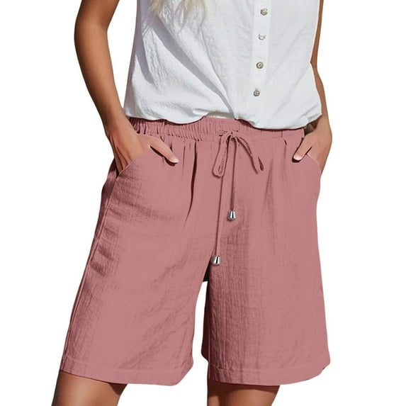 Women's Cotton Linen Elastic Waist Shorts with Drawstring and Side Pockets, Casual Solid Color Mid-Length Summer Shorts for Daily Wear, Lounge, and Outdoor Activities Rose Gold XL