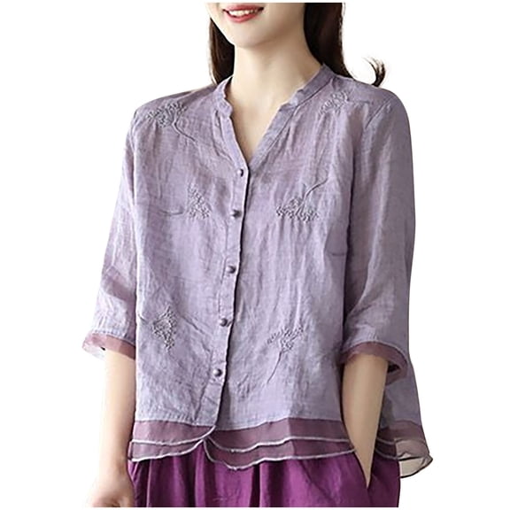 Women's Cotton Linen Embroidered Printed Shirt Casual 3/4 Sleeves V-Neck Button-Up Blouses Tops