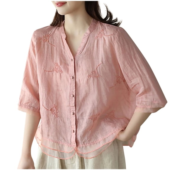 Women's Cotton Linen Embroidered Printed Shirt Casual 3/4 Sleeves V-Neck Button-Up Blouses Tops