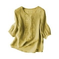 thumbnail image 1 of Women's Cotton Linen Embroidered Tunic Top, Casual Loose Fit Short Sleeve Blouse with Embroidery, Bohemian Summer Shirt, Yellow, 1 of 4