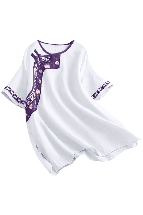 Women's Cotton Linen Embroidery Blouse Retro Chinese Frog Button Tops Loose Fit Short Sleeve Tunic Shirts