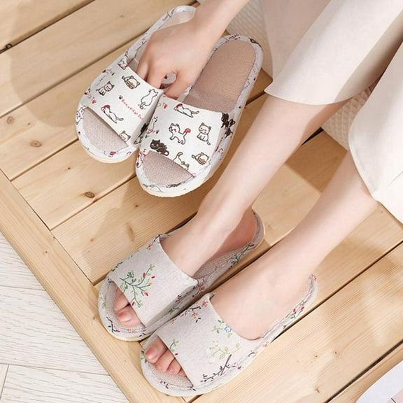Women's Cotton Linen Flip Flops Slippers Lightweight Slip On Indoor House Slippers