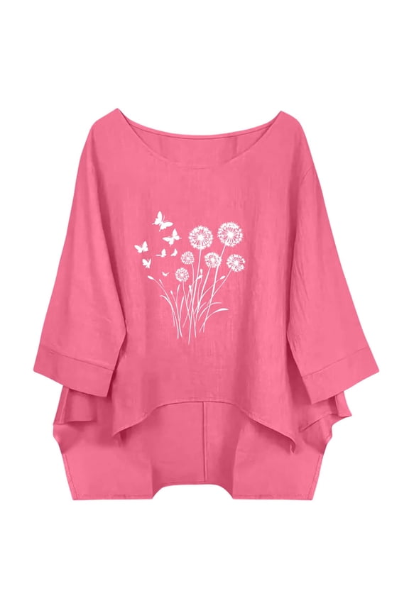 Women's Cotton Linen Floral Print T-Shirt Scoop Neck 3/4 Sleeve Loose Casual Top with Curved Hem, Breathable Summer Blouse for Ladies Hot Pink