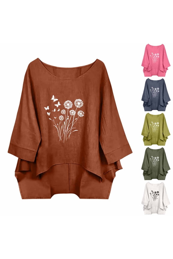 Women's Cotton Linen Floral Print T-Shirt Scoop Neck 3/4 Sleeve Loose Casual Top with Curved Hem, Breathable Summer Blouse for Ladies White