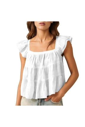 Women's Cotton Linen Flutter Sleeve Tank Top Summer Sweet Square Neck Sleeveless Shirts Flowy Cute Boho Beach Vacation Tops White