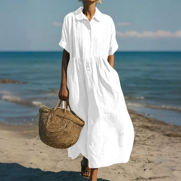 Women's Cotton Linen Half Sleeve Flowy A Line Casual Summer Long Maxi Dress with Pockets White L