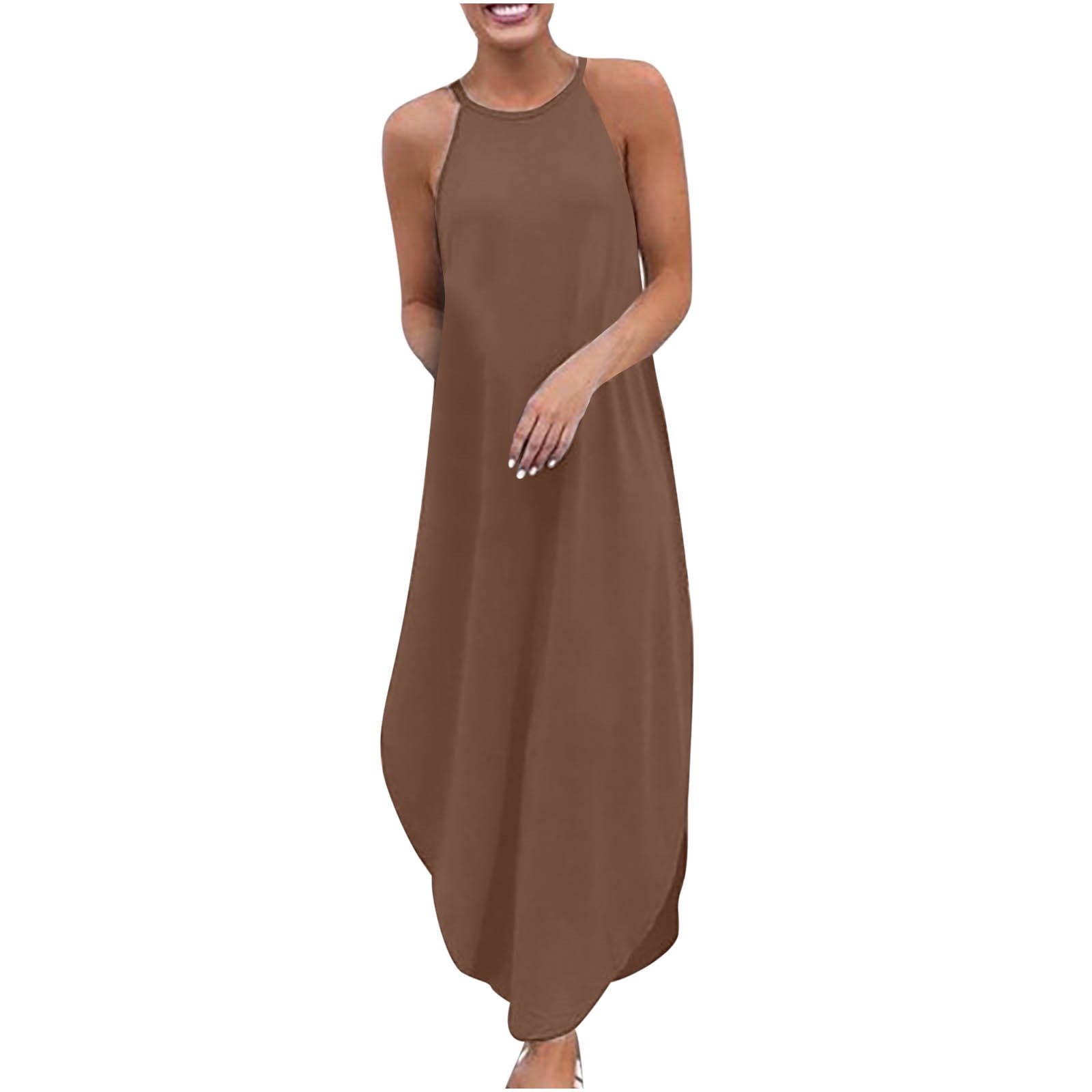ZQUUVOU Women's Cotton Linen Halter Loose Dress Round Neck Solid Color Dress  Brown - Walmart.com
