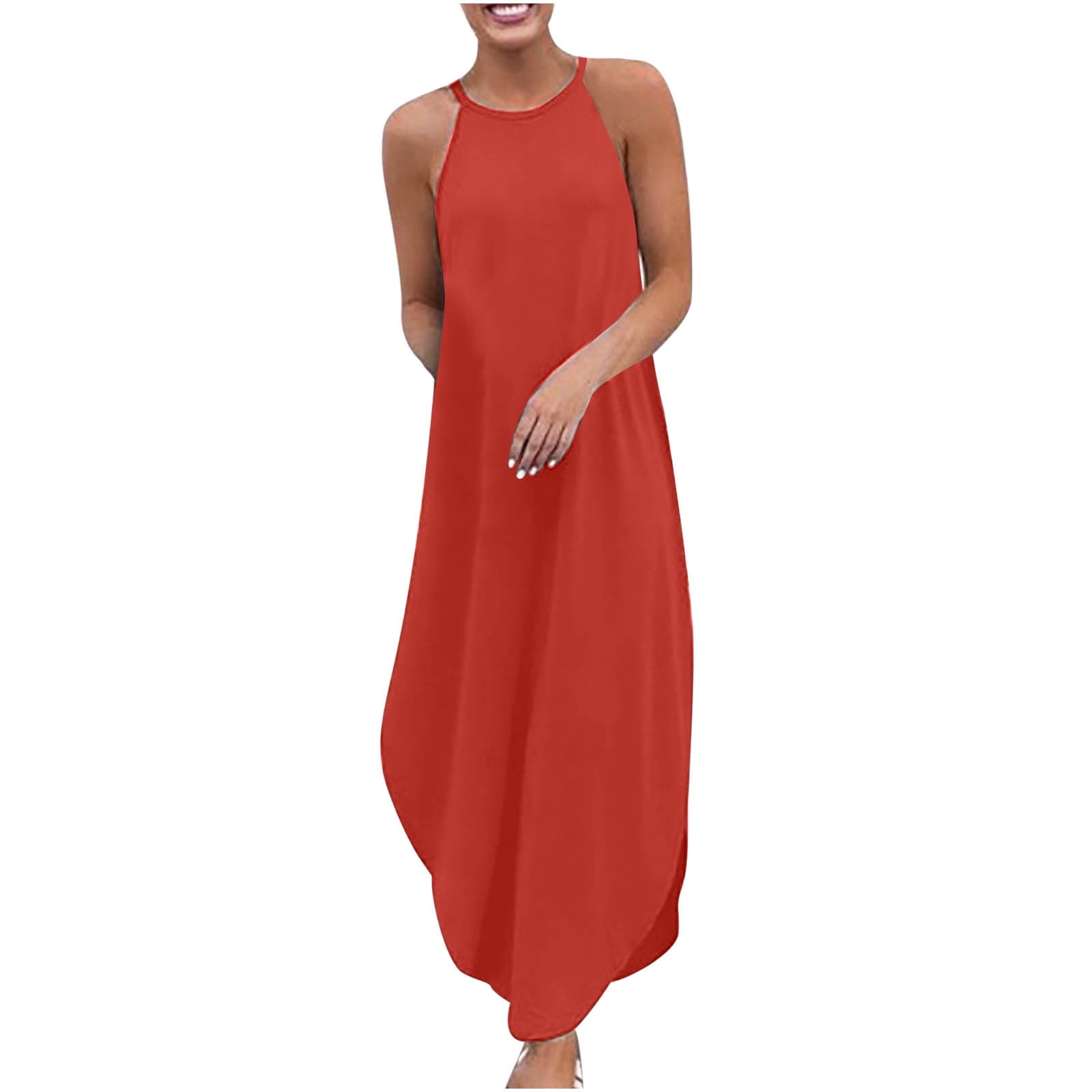 Zquuvou Women's Cotton Linen Halter Loose Dress Round Neck Solid Color Dress Red