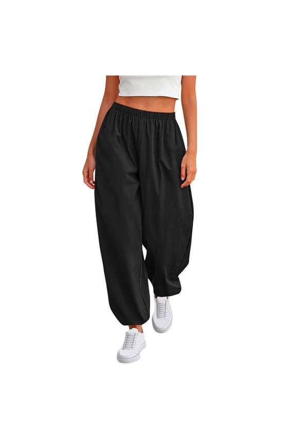 Women's Cotton Linen Harem Pants Casual Loose Fit Wide Leg Cropped Lightweight Elastic Waist Pants with Pockets Black